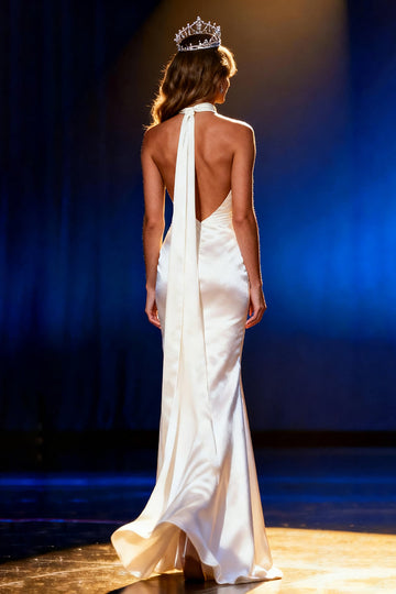 Vit Satin Mermaid Halter Lång Pageant Klänning med Cape